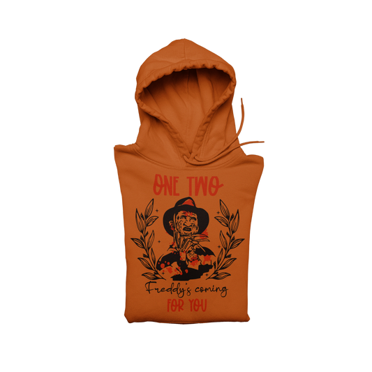 One Two, Freddy’s Coming For You Pullover Hoodie – Orange