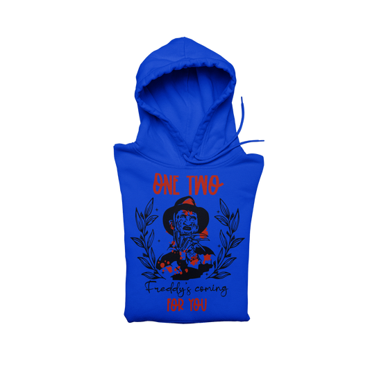 One Two, Freddy’s Coming For You Pullover Hoodie – Blue